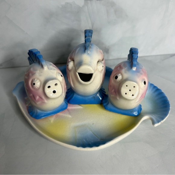 Vintage Kitsch Porcelain Fish Cruet Set 1950s 1960s - 5 Piece Set Tray Japan - Picture 8 of 14